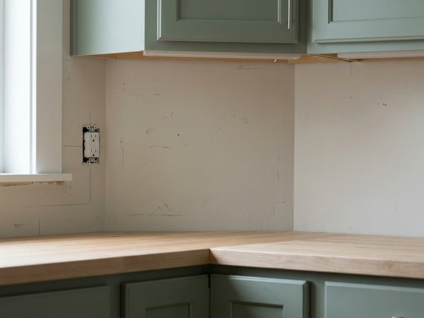 Bare wall behind a kitchen counter before backsplash, example